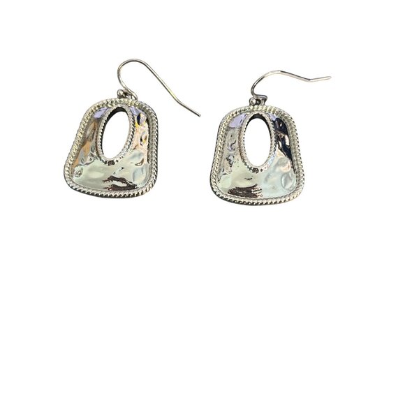 Silver Tone Hammered Dangle Earrings Open Twist Rope Edge Hook 1.5" Classic - Picture 3 of 6